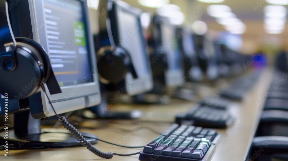 Call Center Computer Systems Row of call center workstations Stock Illustration | Adobe Stock