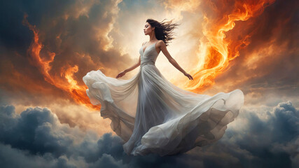 Poster - Fantasy woman with flowing hair among clouds