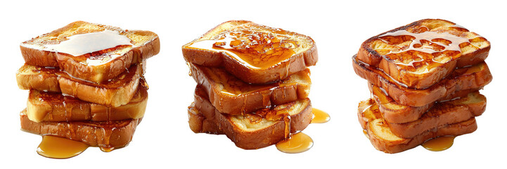 Wall Mural - Set of A mouth-watering stack of golden-brown French toast slices drizzled with glistening maple syrup, isolated on a transparent background