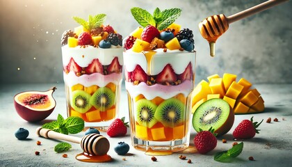 Wall Mural - Two parfait glasses filled with layers of homemade yogurt, honey, and a variety of colorful fruits