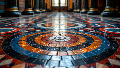 Wall Mural - Colorful tiled marble floor with decorative columns.