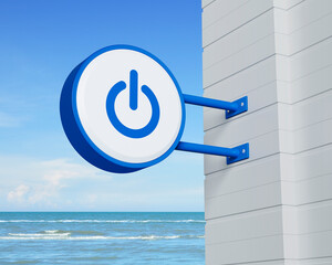 Canvas Print - Power button icon on hanging blue rounded signboard over tropical sea and sky, Start up business concept, 3D rendering