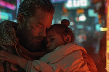 Poster - Father and Child in Neon Glow Digital Bond Futuristic Affection