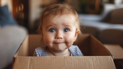 Toddler baby inside a box. Moving in concept. New home or relocation, investment