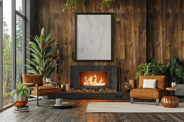 Wall Mural - Living room contemporary fireplace and decor with empty frame