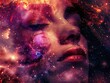 © Lucy - Surreal digital art of an abstract woman's face with closed eyes, enveloped by cosmic swirls and stars, against a nebula-filled background. Capturing the essence of the universe within her silhouette