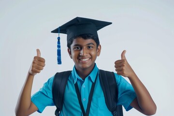 Wall Mural - A young Indian student wearing a graduation cap, blue shirt, and backpack, giving a thumbs-up gesture with both hands, standing in a studio with a white background Portrait, hyper-realistic, high