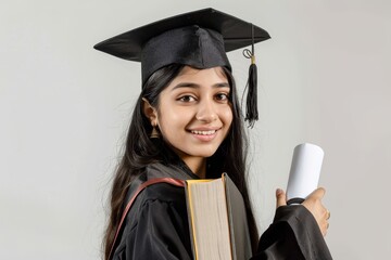 Wall Mural - A young Indian student wearing a graduation cap, holding a stack of books and a rolled-up diploma, smiling confidently, standing in a studio with a white background Portrait, hyper-realistic, high