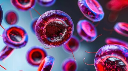 Close-up view of red blood cells under a microscope, showcasing detailed structures and vibrant colors, depicting medical and scientific imagery.