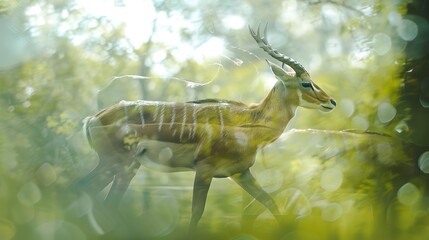 Wall Mural - double exposure effect of a Antelope walking and green jungle. World wildlife day