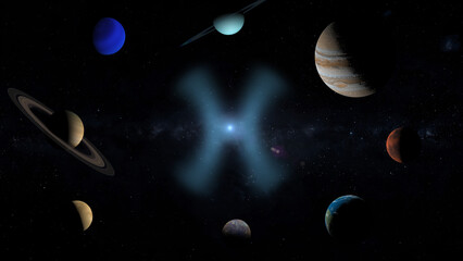 Wall Mural - pisces sign over solar system 3d rendering illustration