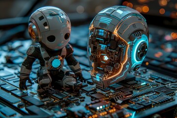 Sticker - Futuristic Robots and Child on Circuit Board Neon Glow Sci Fi Interaction