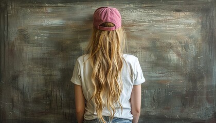 Poster - Back view of a woman wearing a pink baseball cap