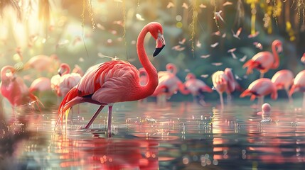 Canvas Print - a flock of flaminggo birds is looking for food in the swamp. beautiful flamingo bird with light pink