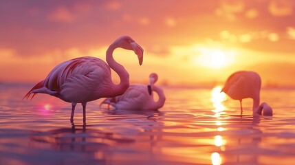 Canvas Print - Group of Greater flamingos standing in water at sunset