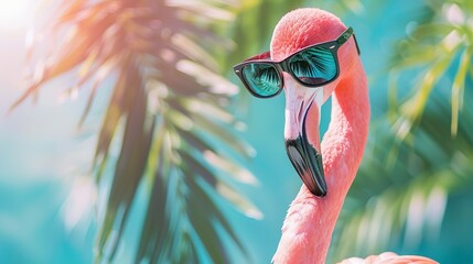 Sticker - Flamingo wearing summer sunglasses, summer travel lifestyle concept banner background