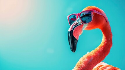 Canvas Print - Flamingo wearing summer sunglasses, summer travel lifestyle concept banner background 