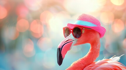 Wall Mural - Bright pink flamingo in sunglasses with a hat on a bright blurred background, concept of summer holidays, tourism, banner with copyspace