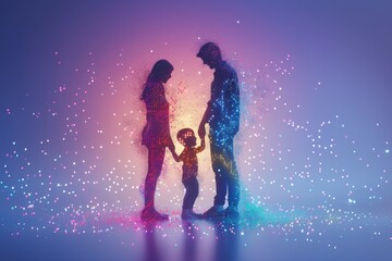 Poster - Futuristic Family Silhouette Neon Glow Digital Bond