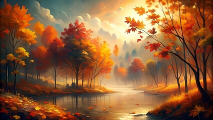 Canvas Print - Autumn landscape with colorful trees in the forest near the river on a sunny day in bright colors