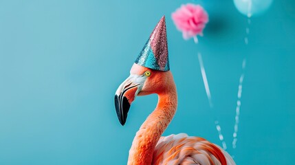 Sticker - Funny flamingo with birthday party hat on blue background.