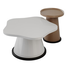 Two white and brown tables with a white flower design on them