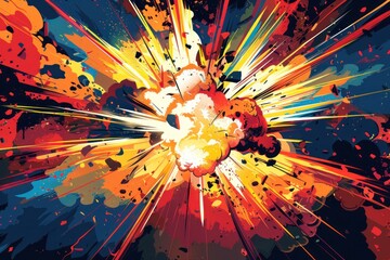 Dynamic comic-style explosion illustration with vibrant colors, showcasing an intense burst of energy