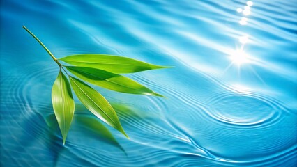 Vibrant green fresh bamboo leaf floats serenely on light blue transparent water wave, basking in warm sunlight with ample copy space.