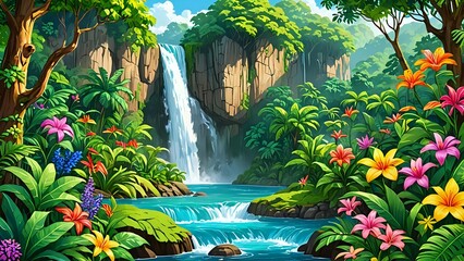 Wall Mural - A majestic waterfall in a lush rainforest, surrounded by vibrant vegetation and colorful flowers, playful art 