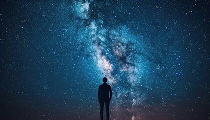 Poster - Unrecognizable traveler standing under starry milky way