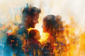 Sticker - Abstract digital artwork of family connection amidst vibrant colorful splashes symbolizing unity emotion and modern technology in a dynamic composition