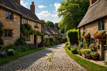 view of bright scenic landscape: cobblestone street english greenery village, summertime countryside