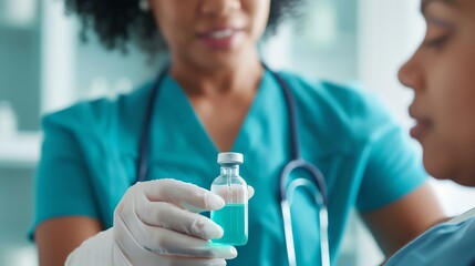 A closeup of a nurse administering antiviral syrup to a patient, emphasizing compassionate healthcare delivery