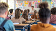 © BONI - Estudiantes de secundaria atentos en una clase diversa y moderna, con un maestro explicando al frente