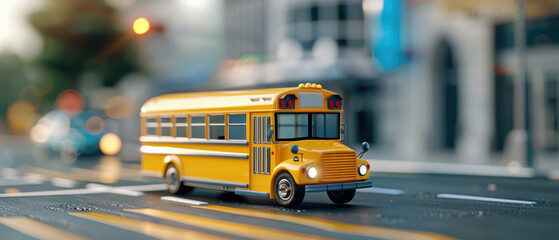 A  yellow school bus on the road with a blurred background in the style of a cute cartoon style in a close up