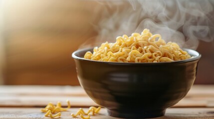Aufkleber - Delicious instant noodles steam gently in a black bowl, creating a warm and inviting atmosphere on the rustic wooden table. Generative AI