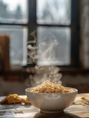Aufkleber - A steaming bowl of instant noodles rests on a wooden table, with soft morning light illuminating the scene through a window. Generative AI