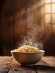 Aufkleber - Steam rises from a bowl of instant noodles, creating a warm and inviting atmosphere in a rustic kitchen. Generative AI