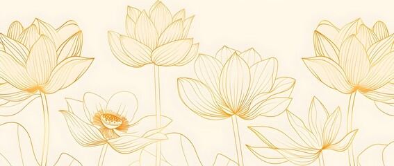 Wall Mural - Abstract line art lotus flowers in beige and gold on cream background, vector illustration, contour, no shadows, highly detailed