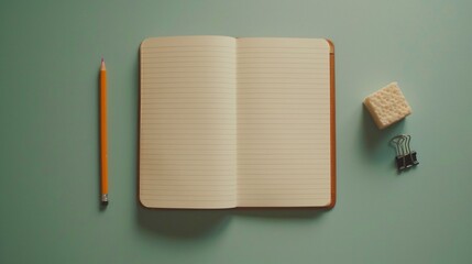 Overhead shot of a simple desk setup with a blank notebook, pencil, and eraser