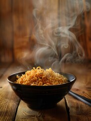 Aufkleber - Delicious instant noodles steam gently in a bowl, resting on a warm, rustic wooden table, inviting a satisfying meal. Generative AI