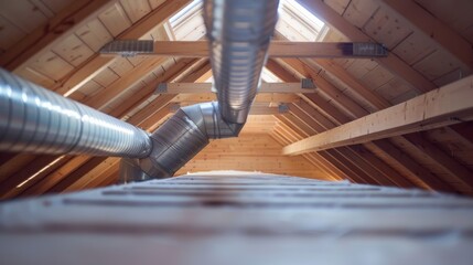 A detailed view of an attic showcasing wooden beams and ventilation ducts with natural light filtering through a skylight.