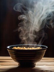 Leinwandbilder - A bowl of instant noodles emits steam, inviting warmth and comfort on a rustic wooden table perfect for a satisfying meal. Generative AI