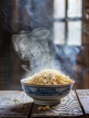 Aufkleber - A steaming bowl of delicious instant noodles sits on a wooden table, inviting warmth and comfort in a cozy dining atmosphere. Generative AI