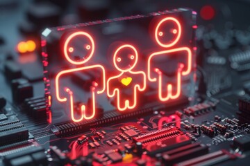 Sticker - Abstract depiction of a digital family on a circuit board symbolizing technology innovation and connection in a high tech environment