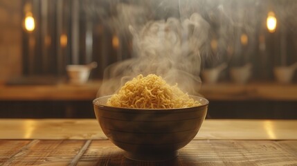 Aufkleber - A steaming bowl of instant noodles rests on a wooden table, filling the air with warmth and inviting aromas in a cozy kitchen during the evening. Generative AI