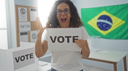 Wall Mural - Woman amazed at vote paper, middle-age hispanic female open-mouth scared in disbelief at brazilian electoral college