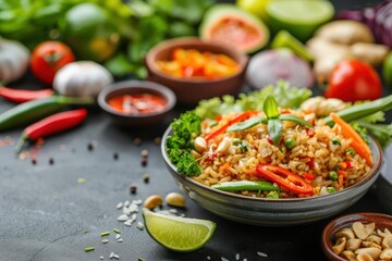 thai fried rice style colorful and tantalizing visual effect concept with an array of vibrant ingred