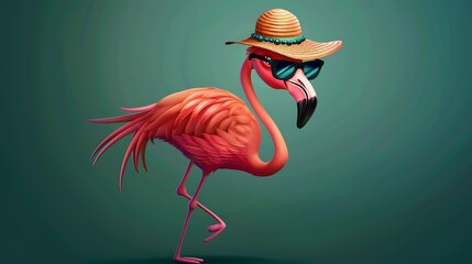 Sticker - Cartoon flamingo standing on one leg wearing a hat and sunglasses, flamingo, cartoon, standing, one leg, hat, sunglasses 