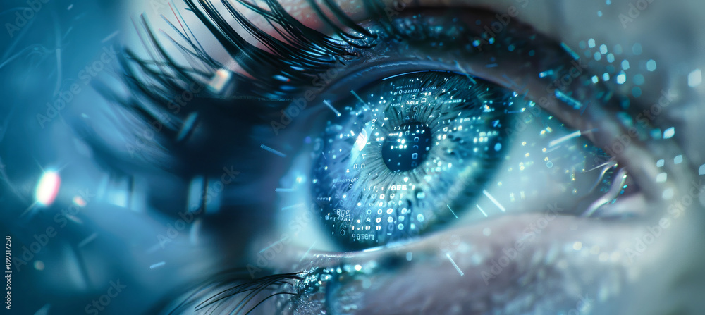 Foto A close-up of a futuristic blue eye with digital data streams ...